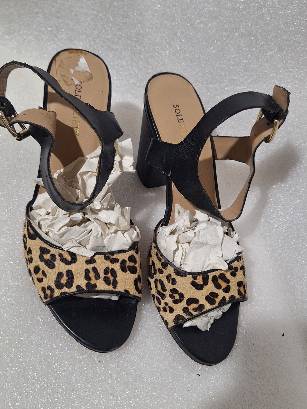 Leopard Print and Black Block Heel Sandals - Women